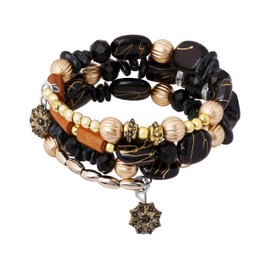 MINACHI Summer Boho Retro Style Multilayer Wrap Irregular Beads with Copper Flower Charm Bracelets, Black Tone, Ethnic Jewelry for Women