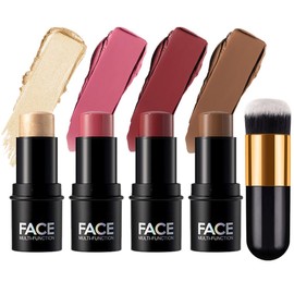 4Pcs Contour Sticks Makeup for Old Women, Shades with Neutral Blush Kit for Sculpt the Cheeks, Longwear Non-greasy Face Stick Set for All Skin Types, Medium (SET B)