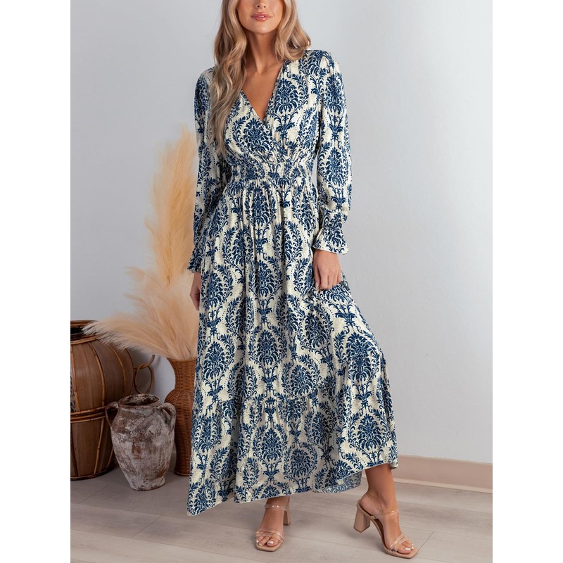 CUPSHE Maxi Dresses for Women V Neck Ruffled Long Sleeve