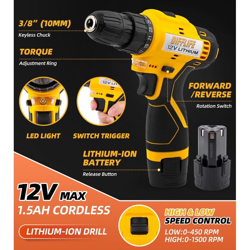 DIFFLIFE 12V Drill Driver Power Tool Combo Kits with Cordless
