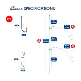 Luroad 5pcs Sea Fishing Rigs, Flapper Rigs Sea Fishing Hook Sizes 1, 2/0 for Beach Casting Shore Fishing Flounder, Whiting, Bass, Plaice (B. 5pcs- 2 hooks- size 2/0-52cm gap)