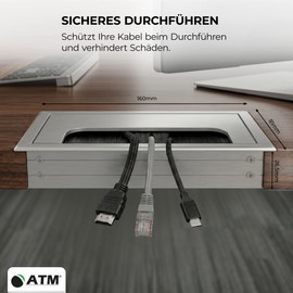 ATM Cable Feed-Through Cable for Desk, Table, Furniture, Cable Duct, Rectangular Table Feed-Through with Integrated Brush, Aluminium Flap, Silver, 80 x 160 mm