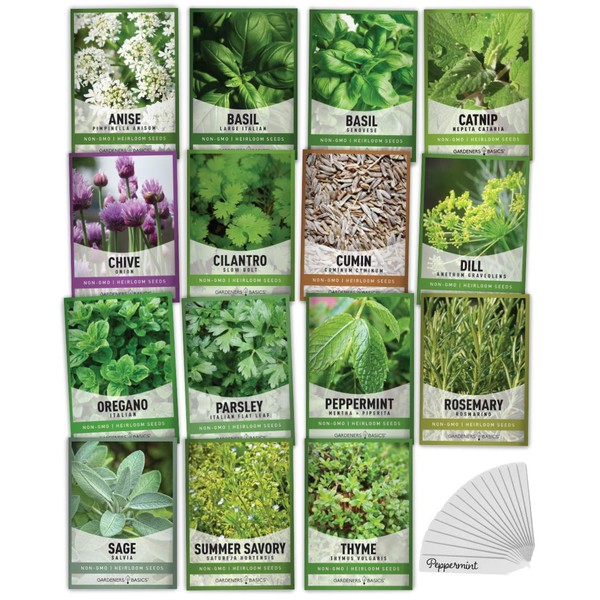 Gardeners Basics, 15 Herb Seeds For Planting Varieties Heirloom Non-GMO