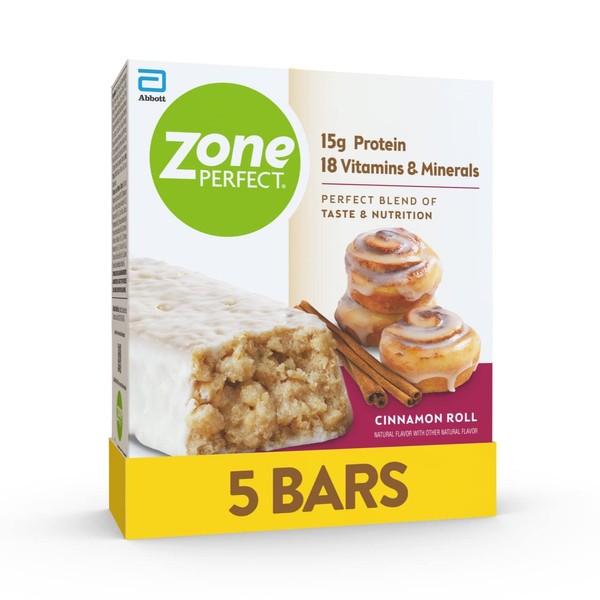 ZonePerfect Protein Bars, 15g Protein, 18 Vitamins & Minerals, Nutritious Snack Bar, Cinnamon Roll, 5 Bars