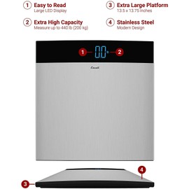 Escali Extra Large Stainless Steel Digital Electronic Bathroom Scale for Body Weight with Extra-High Capacity of 440 lb, Batteries Included