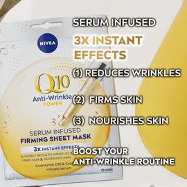 NIVEA Q10 Power Anti-Wrinkle + Firming Sheet Mask (5 Piece), Anti Ageing Moisturiser Mask, Face Mask Sheet with Coenzyme Q10, 10 Minute Anti Wrinkle Cream Mask