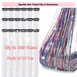 Obinying Clip in Hair Tinsel Pack of 18 Pcs Hair Tinsel Clip in 20.5 Inch Glitter Tinsel Hair Extensions Fairy Hair Tinsel Kit Clip in Party Festival Hair Accessories for Girls Women Kids (Colorful)