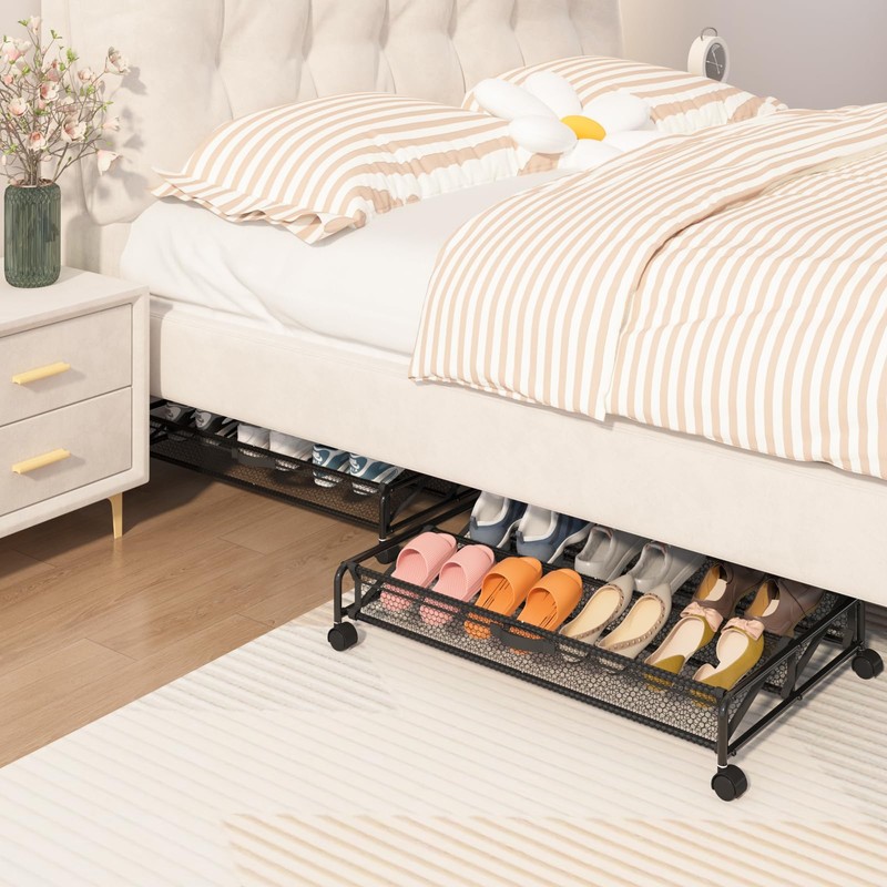 KOSIWU Under Bed Shoes Storage, 2 Pack Rolling Under-bed Storage