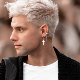 Finrezio 26Pcs Earrings for Men Mens Earrings Set Stainless Steel Dangle Hoop Stud Earrings for Men Women Black Cross Dangle Huggie Earrings for Men Jewelry Piercings