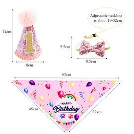 BIPY Pink Dog 1st Birthday Hat Bandana Bowtie for Girls Small Medium Dogs Cats Soft Bibs Doggy Party Supplies Adjustable Pet Collar Bowtie Celebration Pet Birthday Neckerchief Set