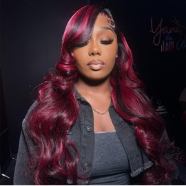YOKADA HAIR Highlight Red with Natural Black Color Transparent HD Lace Front Wigs 100% Brazillian Human Hair Wig Loose Wave Style for Black Women （16inch ，13X4 Lace Front/Highlight Red）