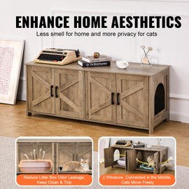 Happybuy Cat Litter Box Enclosure for 2 Cats, Litter Box Furniture Hidden with Double Rooms, Wooden Cat Box Cabinet Fit Most of Litter Box, 47.2" L x 18.5" W x 19.7" H, Greige