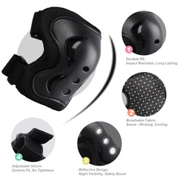 Plusawa Kids Knee Pads, Elbow Pads, Wrist Guards, Glow-in-the-Dark, Sports Protective Gear Set for Skateboard, Cycling, Roller Skates and Outdoor Activities 25-50 kg (Black, M)