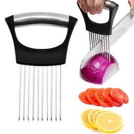 IKOPFLN Stainless Steel Onion Cutter Holder - Onion Cutter - Meat Needle - Onion Holder for Cutting Tomato Onion Cutting Aid, black