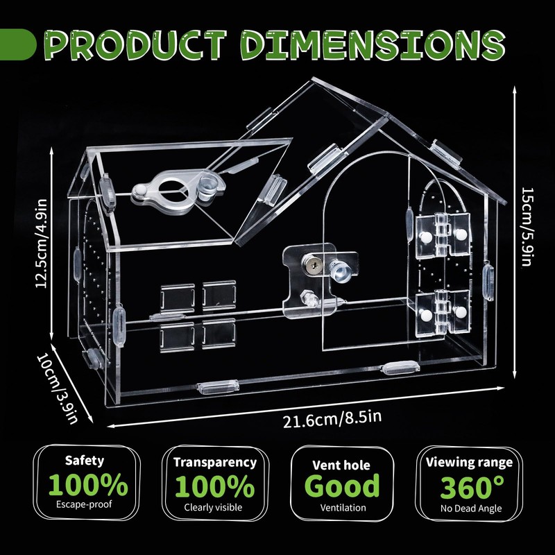 Jumping Spider Enclosure, 8.7×4.3×5.9in Escape-Proof, Secure & Ventilated Spider Terrarium,