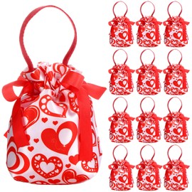 SilTriangle 12 Pcs Valentine's Day Small Gift Bags 6.5 x 5.5 Inch Heart Drawstring Goodie Bags with Handle Bottom Canvas Red Gift Pouches for Valentines Bridal Shower Wedding Birthday Party Favors