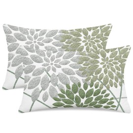 Qinqingo Sage Green Dahlia Floral Lumbar Pillow Covers 12x20 Inch, Set of 2 Boho Decorative Throw Pillow Cases for Couch Sofa Patio Garden Outdoor, Double Sided Printed White Linen