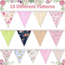 Alintor 45.9ft Bunting, 46pcs Floral Bunting Flags + Drawstring Bag, Garden Bunting, Vintage Fabric Bunting, Bunting Banner for Party Birthday, Afternoon Tea, Spring Decorations