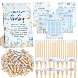 Patelai 321 Pcs Baby Shower Games Supplies, 5 Sets (50 Cards Each) Activities Cards with 20 Pencils 1 Don't Say Baby Sign 50 Clothespin (Under the Sea)
