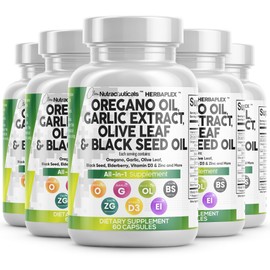 Clean Nutraceuticals Clean Nutraceuticals Oregano Oil Garlic Extract Olive Leaf Black Seed Oil- Immune Support & Digestive Health Supplement for Women and Men with Vitamin D3 & Zinc - 5Pack