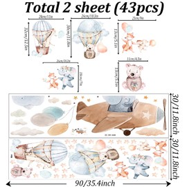 43 Pieces Plane Animal Wall Stickers, Removable Animals DIY Cartoon Wall Stickers, Cute Children's Room Wall Stickers, Plane Animal Wall Sticker for Bedroom Wall Decoration