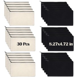 30Pcs Canvas Zipper Pouch Bags, FHDUSRYO DIY Craft Blank Makeup Bags, Canvas Pencil Case Cosmetic Pouch for DIY Craft Travel Storage School Pencil Bag Coin Bag Sublimation (Beige and Black)