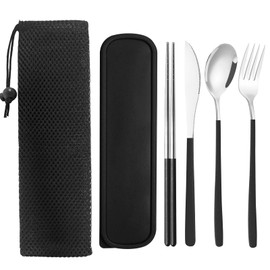 Reusable Utensils with Case, Travel Silverware Set with Case, 18/8 Stainless Steel Flatware Set Include Knife Forks Spoons Chopsticks Portable Cutlery Set for Lunch Box Office Picnic Daily Eating