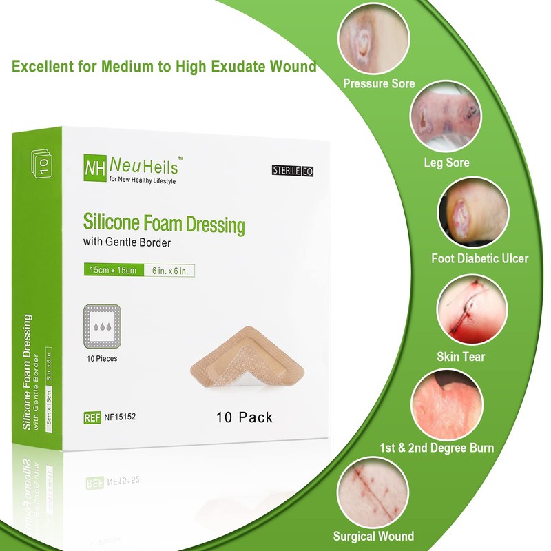 Silicone Adhesive Foam Dressing with Gentle Border 6''x6'', 10 Packs