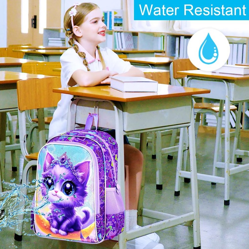 UFNDC 3PCS Cat Preschool Backpack, 16" Cute Moon Bookbag with