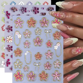 3 Sheets Flower Nail Art Stickers, 5D Embossed Hibiscus Flower Nail Decals Jelly Floral Self Adhesive Relief Purple Daisy Nail Design Nail Supplies Nail Accessories for Women Girls Manicure Decor