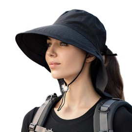 Tumnea Women's Sun Hat Wide Brim Sun Hat with Neck Flap UV Protection Summer Hat Fishing Hat with Ponytail Hole Chin Strap Summer Outdoor, black