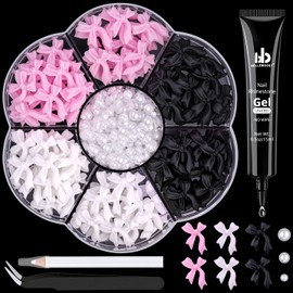 120 Pcs 3D Nail Bow Charms + 2-4mm Nail Pearls Set 10, Pink White Black Bow Nail Charms and White Flatback Pearls with Nail Charm Glue Gel(UV Needed) and Pickup Tools for Nail Art Decoration
