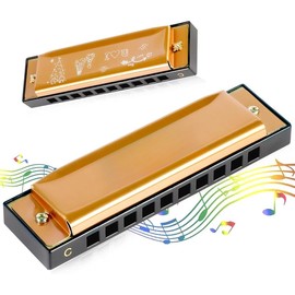 Harmonica, C Key Blues Harmonica for Beginners and Adults, 10 Holes Mouth Organ Blues Harp Diatonic Harmonica For  and Teenagers, Students as - Color: gold