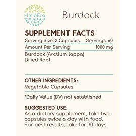 HerbEra Burdock 120 Capsules, 500 mg, Made with Burdock (Arctium Lappa) Dried Root (120 Capsules)