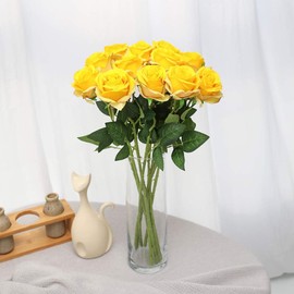 Yellow Fake Roses Artificial Flowers - 10 Pcs Fake Artificial Roses Silk Flowers with Stems for Home Wedding Hotel Office Centerpiece Decor