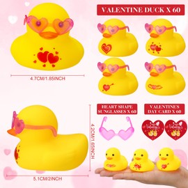 Chivao 60 Pcs Valentine‘s Day Mini Rubber Ducks in Bulk with Heart Shaped Sunglasses and Valentine‘s Day Cards, Valentines Day Party Favors Holiday Mini Tiny Ducks for Class Valentines Day Gifts