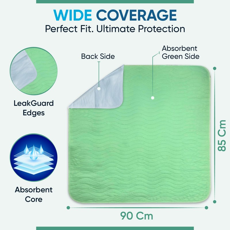 2 x Washable Incontinence Bed Pads Green 85x90cm, Single Bed,
