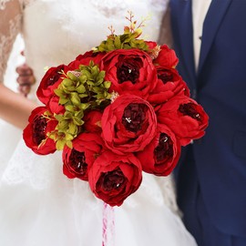 2 Bunches Artificial Silk Peony Vintage Flower Bouquet for Party Home Table Centerpieces Wedding Decoration (Red)