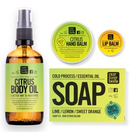 Citrus Skincare Set, 100% Natural. Skin care set, bee gift, relaxing. Soap, Body Oil, Hand Balm, Lip Balm 100% natural. (100g, Citrus)