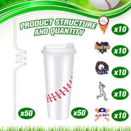 Blushtier 50 Sets Baseball Plastic Tumbler with Lid and Straw Stickers Baseball Cups 24 oz Reusable Plastic Stadium Cups Baseball Party Favors for Kid Coach Men Women Gifts Travel Birthday Sport Event