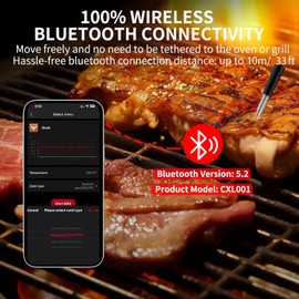 Bluetooth Wireless Meat Thermometer | APP Remote Monitoring | Temperature Alerts | ±0.9°F Precision | Water & Dust Resistant | for Open BBQ/Grill/Camping Only