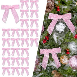 LaRibbons 24 Pcs Pink Crinkled Velvet Bows for Christmas Tree, Door, Garland, Wreath, 1" Wide, 3.9"x3.9", Vintage Style
