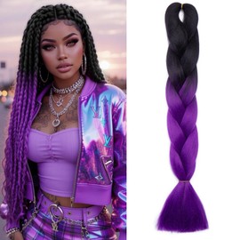 Benehair Braids Extensions Ombre Jumbo Synthetic Hair for Braiding Box Braids Hair Extension Braid Hair for Braiding for Women Girls Black/Purple 60 cm