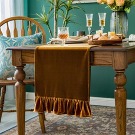 Velvet Table Runner Soft Decorative Luxurious Solid 72 Inches Long Tablecloth with Retro Ruffle Flounces Table Runner Dresser Scarves for Kitchen Dining Room Coffee Table Golden Camel,14x72 Inch