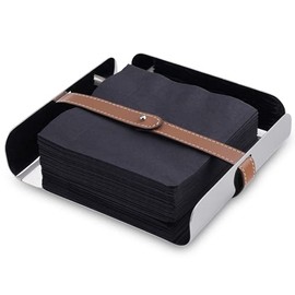 Nambe - Tahoe Collection Stainless Steel Napkin Holder with Raised Edges and Leather Clasp 7" x 2" - Leather Accent is Removable