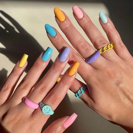 MISUD Short Round False Nails - Coffin, Oval Acrylic Glue on Nails - Cute Rainbow Ballerina Style - 24 pcs