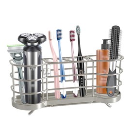 Wall Mount Toothbrush Holder for Shower Stainless Steel Toothbrush Stand, Self-Adhesive Wallmount/Countertop 4 Slots Bathroom Accessories Organizer (Silver)