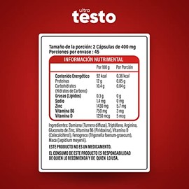Ultra Testo | Precursor Para Hombres | Maca Negra, Fenogreco, Arginina, Diamina, Zinc, Vitaminas B6 y D. | 90 Cápsulas