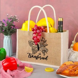 Gifts for Women - Initial Jute Tote Bag with Pearls - Transformed Christian Theme - Birthday Gifts for Women