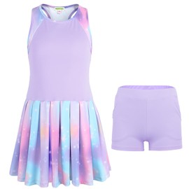 MODAFANS Girls Tennis Golf Dress Sleeveless Athletic Pleated outfits sets with shorts Purple Stars,8-9years